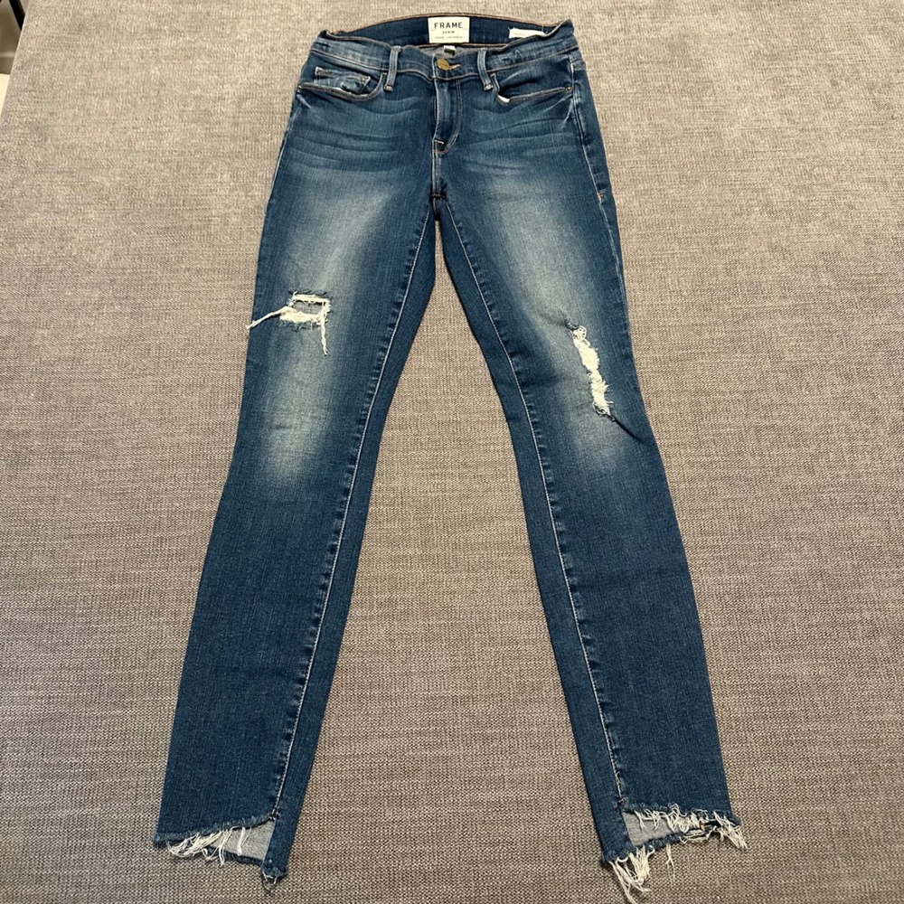 Frame Le Skinny de Jeanne Jeans Womens 26 Blue Distressed Frayed Step Hem